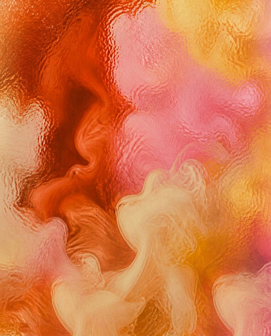 Oranger und pinker Rauch durch geriffeltes Glas, abstrakte 70s Farbwelt